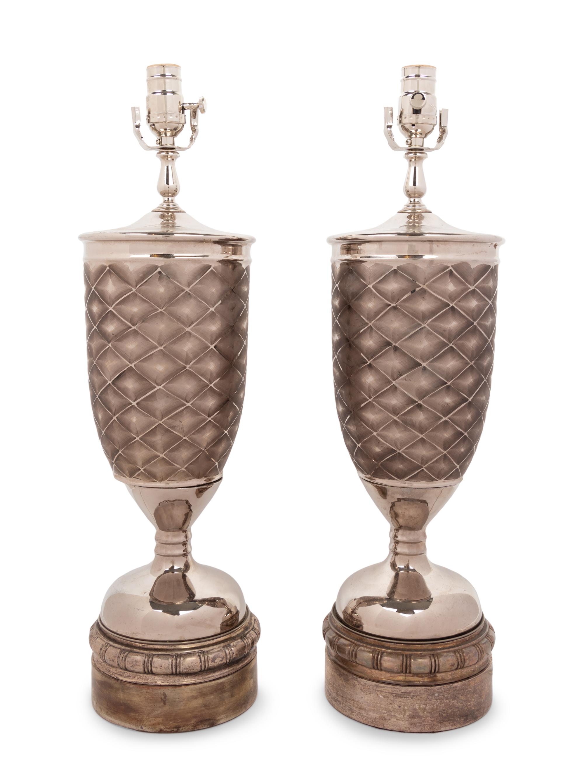 A Pair of Silvered Metal Mounted Pottery Vases Mounted as Lamps