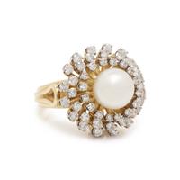CULTURED PEARL, AND DIAMOND RING