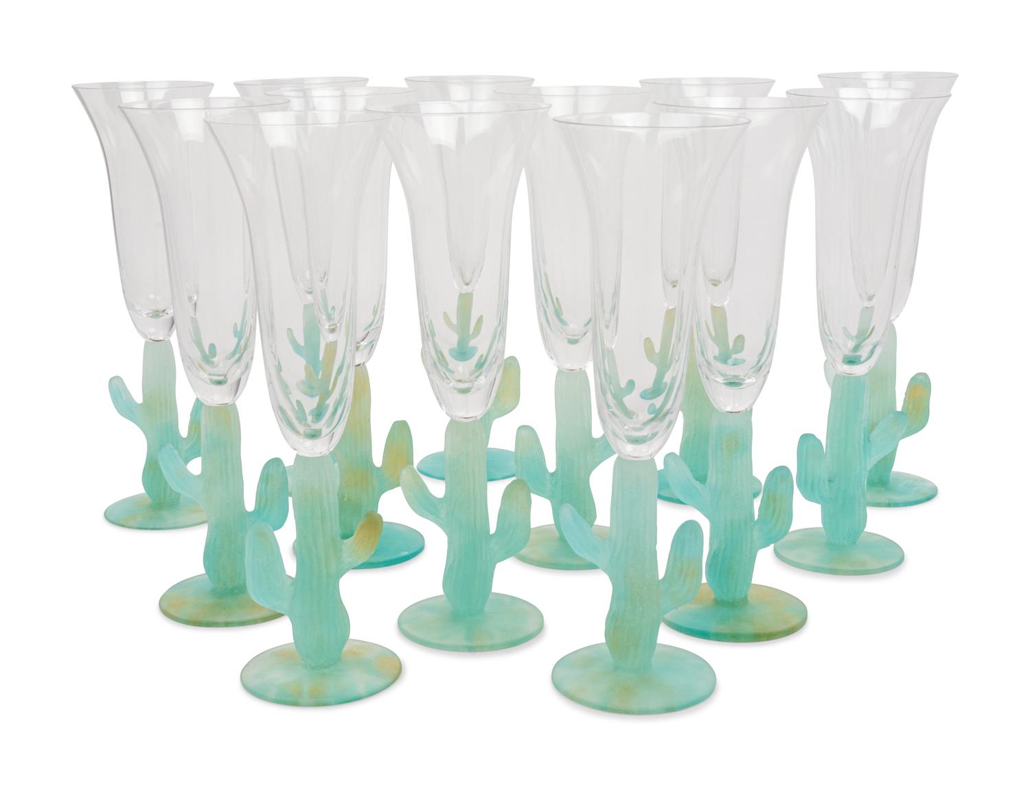 A Set of Thirteen Daum Pâte-de-Verre Cactus Champagne Flutes