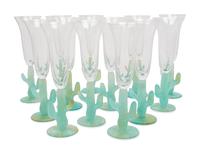 A Set of Thirteen Daum Pâte-de-Verre Cactus Champagne Flutes