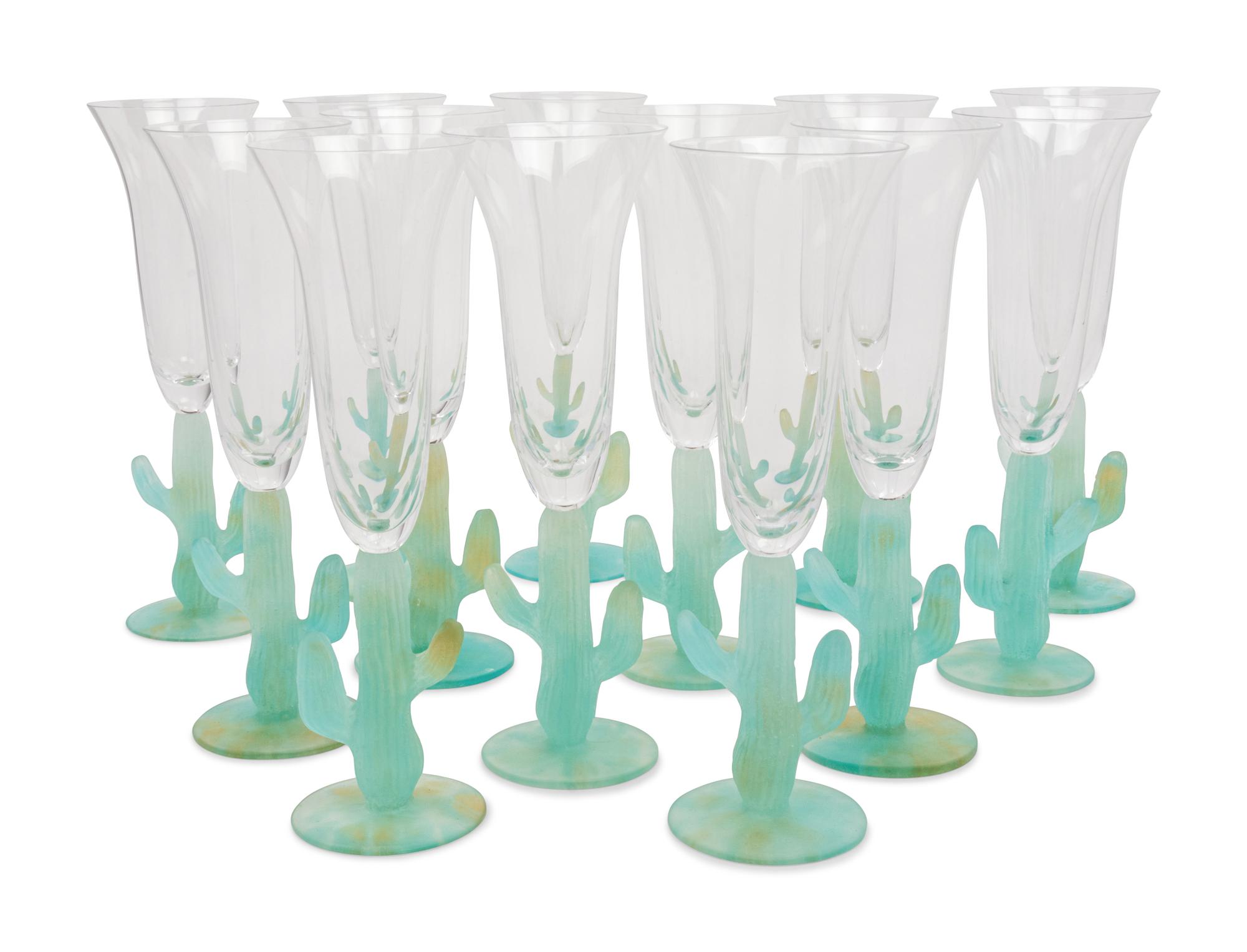 A Set of Thirteen Daum Pâte-de-Verre Cactus Champagne Flutes