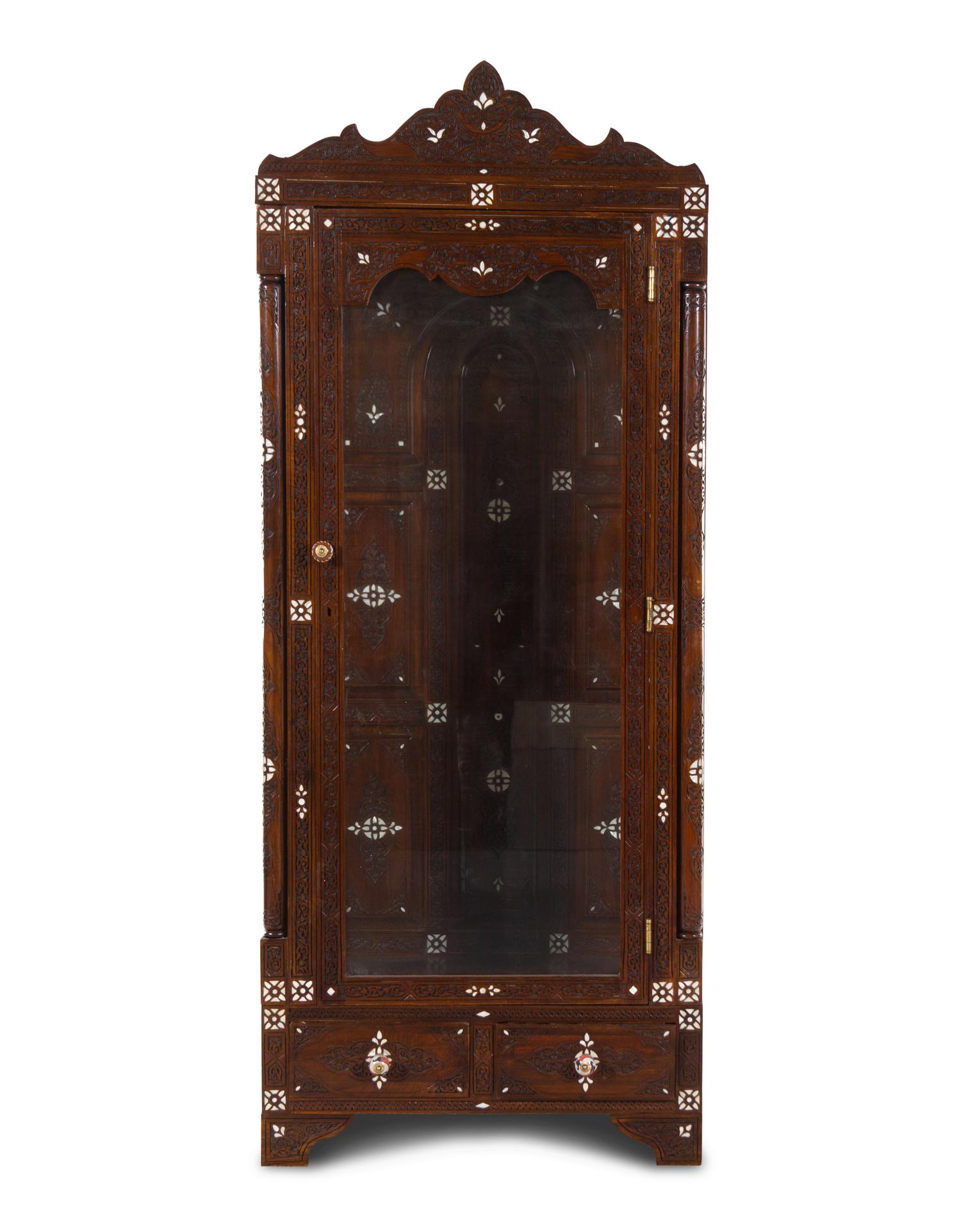 A Syrian Mother-of-Pearl Inlaid and Carved Walnut Vitrine Cabinet