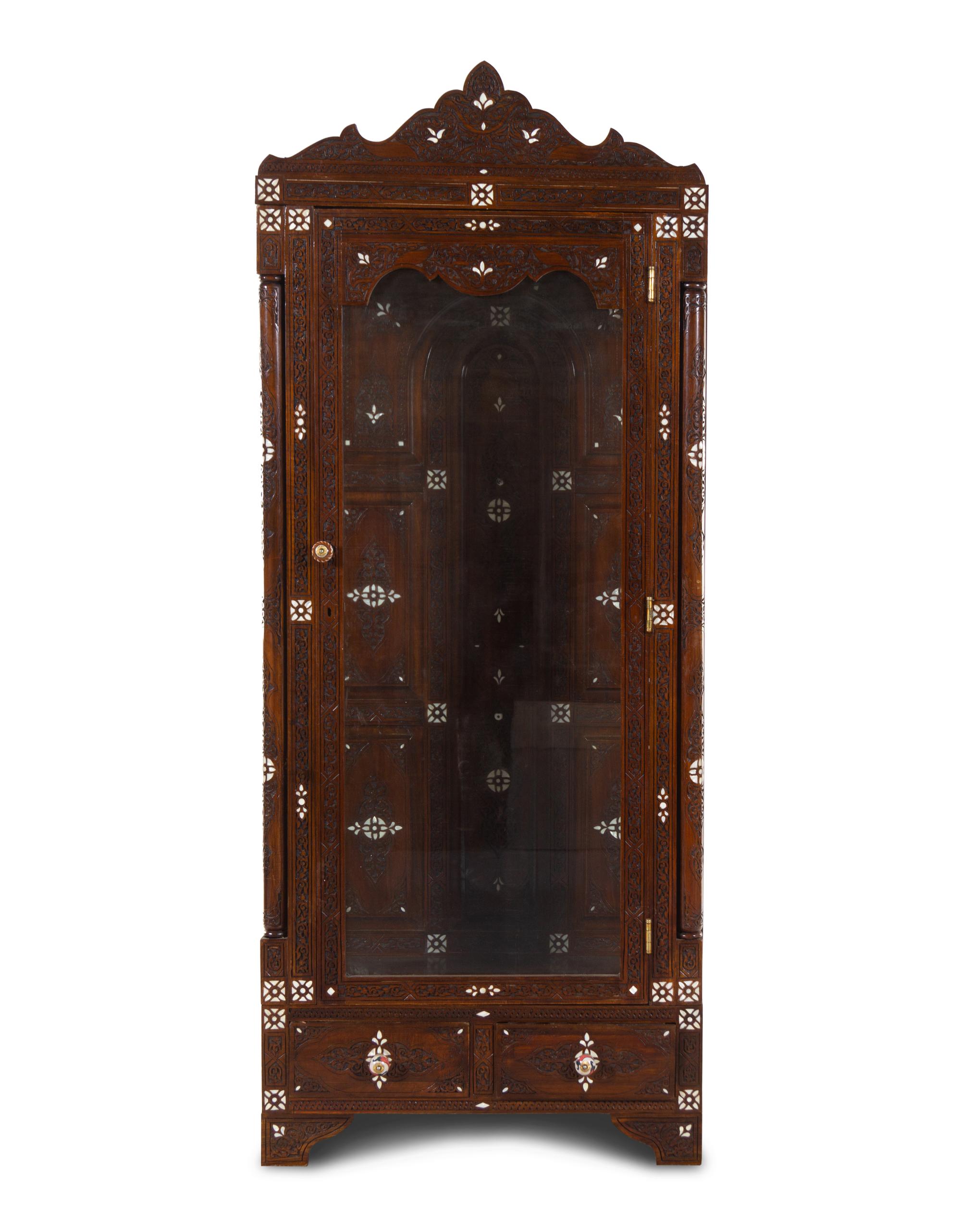 A Syrian Mother-of-Pearl Inlaid and Carved Walnut Vitrine Cabinet