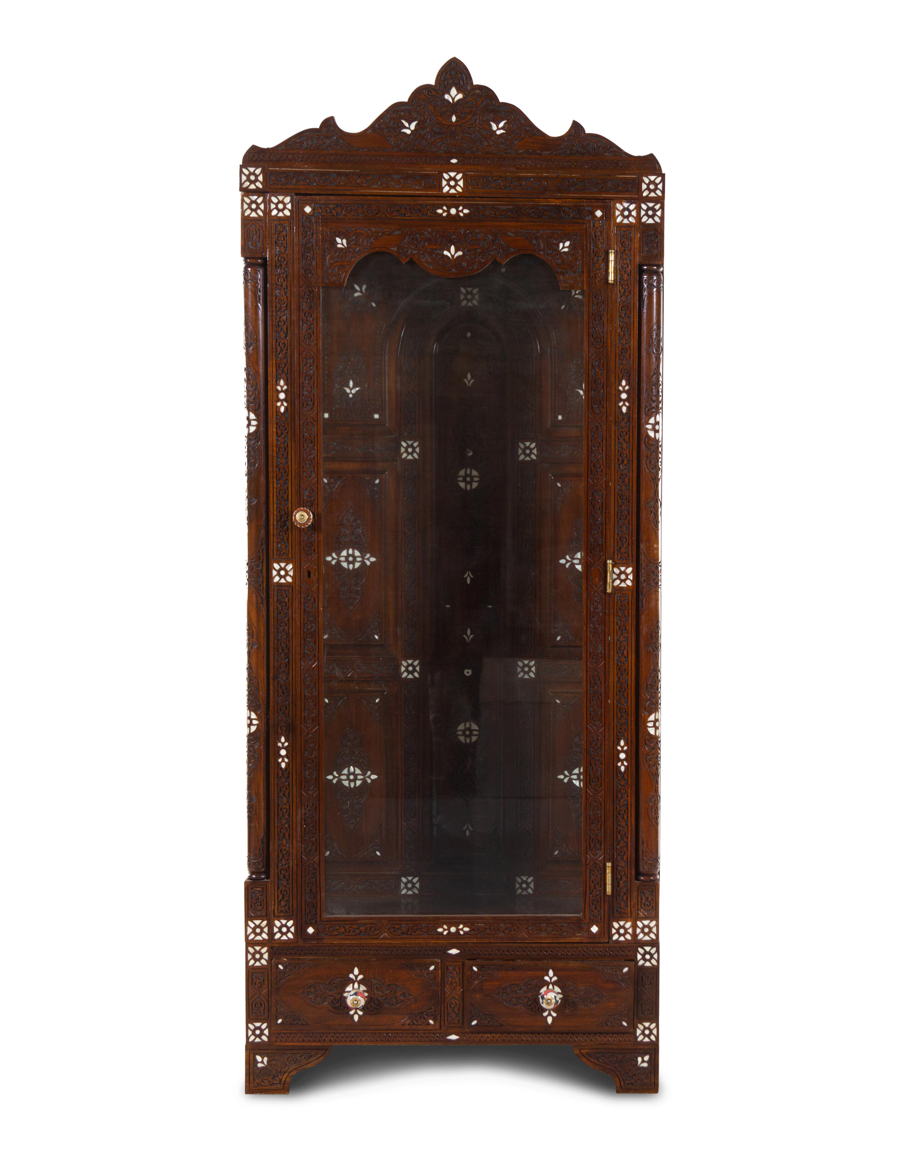A Syrian Mother-of-Pearl Inlaid and Carved Walnut Vitrine Cabinet