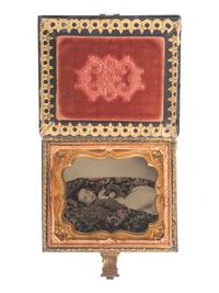 [EARLY PHOTOG] Sixth plate postmortem ambrotype of a young girl housed in "memorial" case.