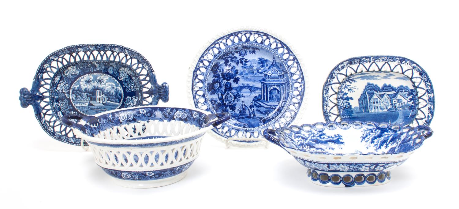 A Collection of Historical Blue Staffordshire Serving Articles Diameter of largest 12 1/4 inches.