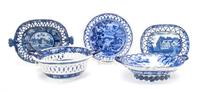 A Collection of Historical Blue Staffordshire Serving Articles Diameter of largest 12 1/4 inches.