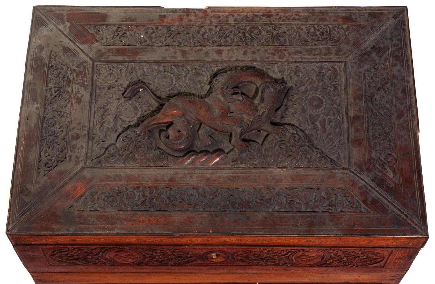 A Carved Olivewood Work Box or Jewelry Casket and Other Articles