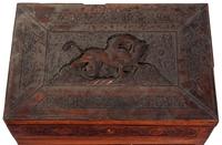 A Carved Olivewood Work Box or Jewelry Casket and Other Articles