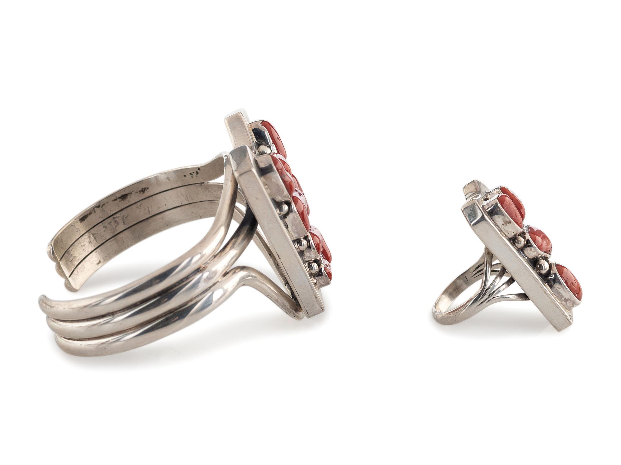 Silver and Coral Cluster Cuff Bracelet, Necklace, AND Ring Set