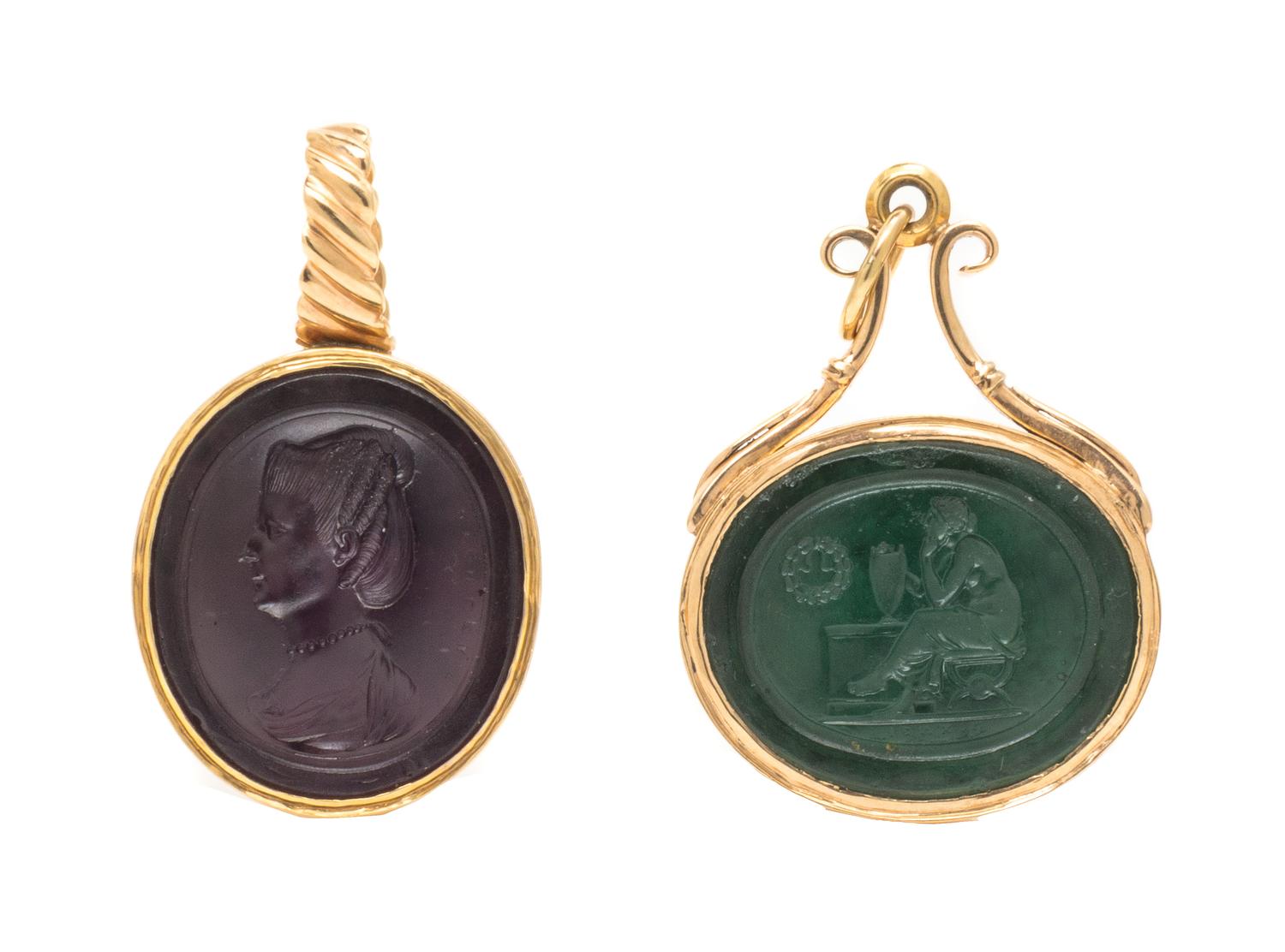A Collection of Yellow Gold and Glass Intaglio Pendants, 19.30 dwts.