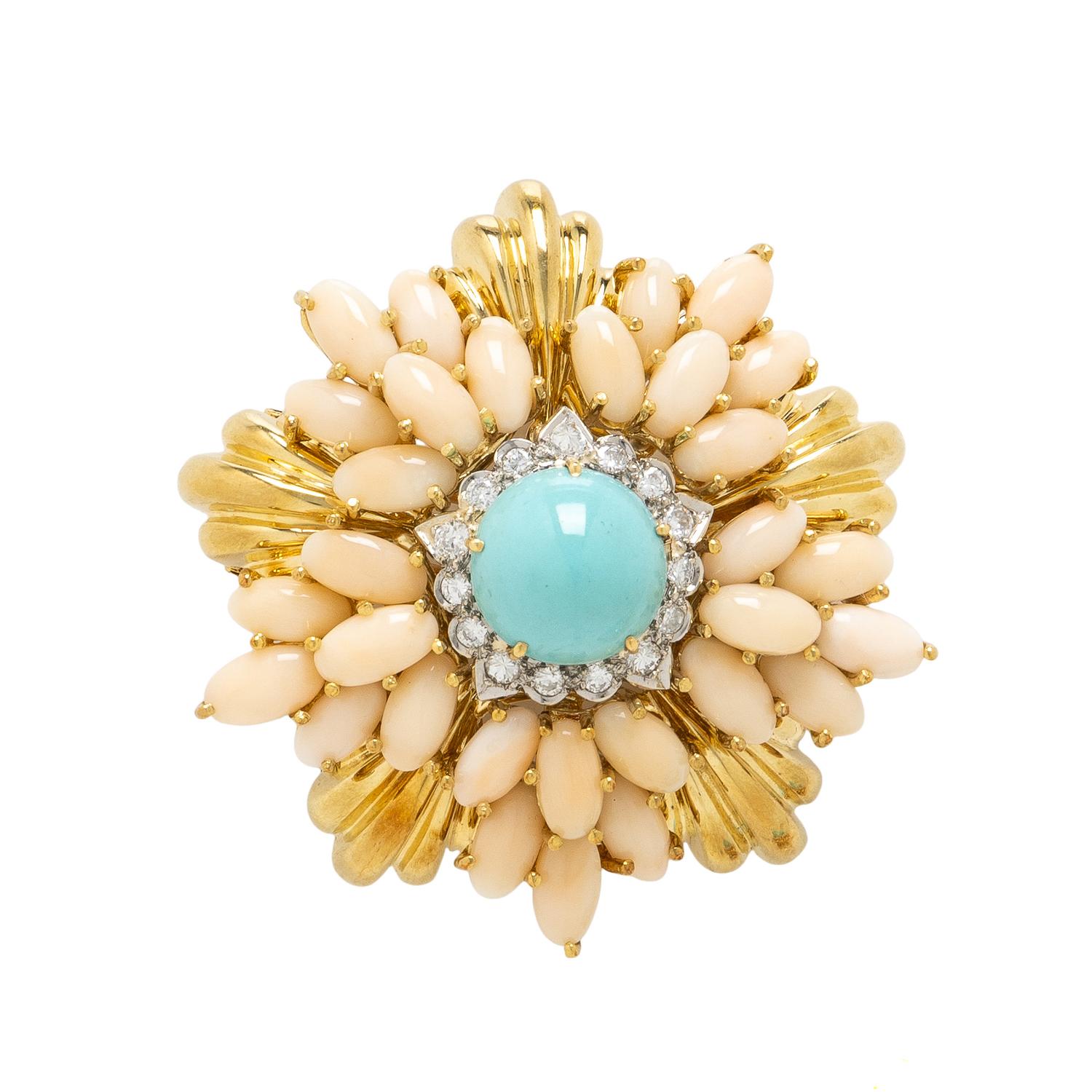 TURQUOISE, CORAL, AND DIAMOND BROOCH