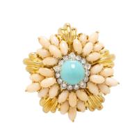 TURQUOISE, CORAL, AND DIAMOND BROOCH