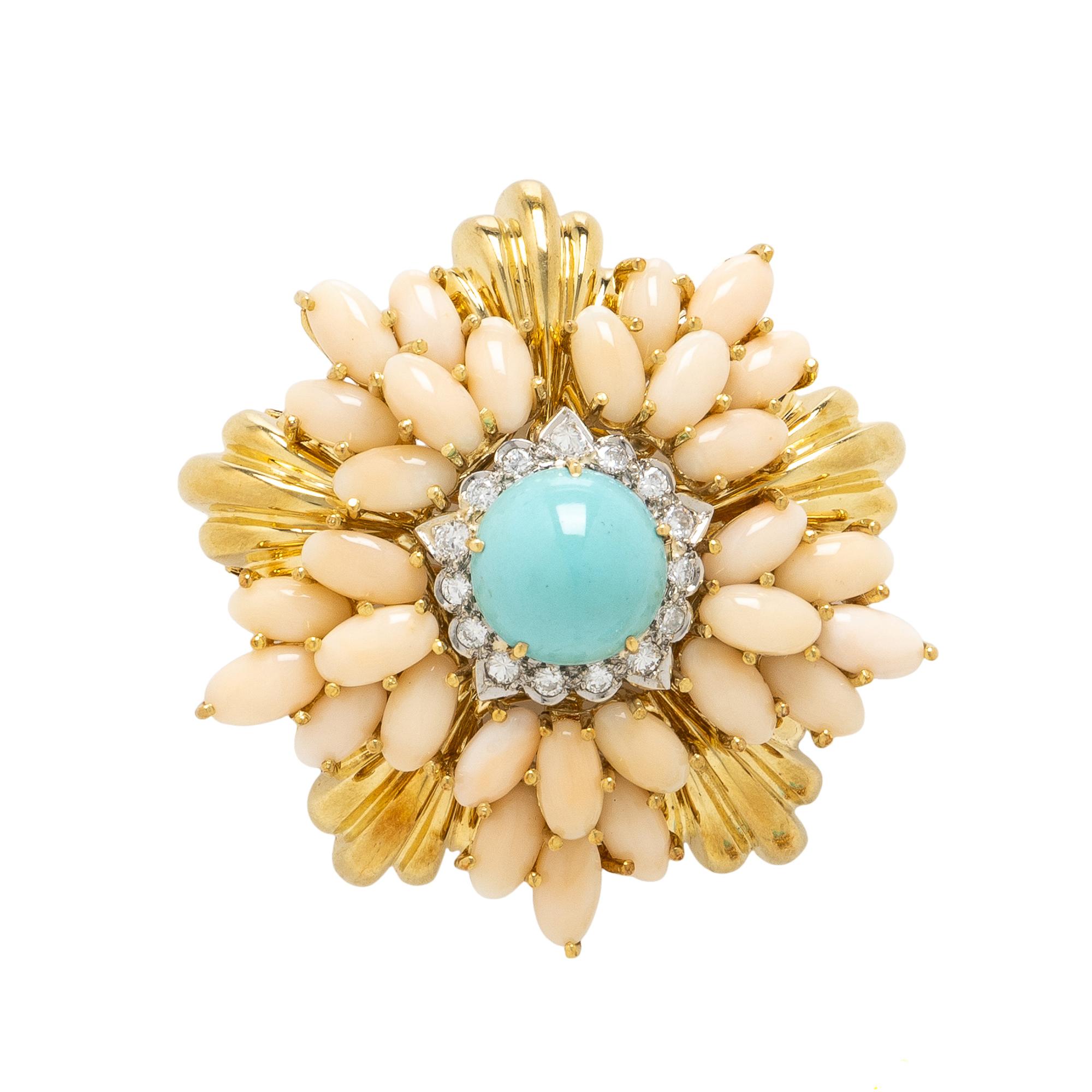 TURQUOISE, CORAL, AND DIAMOND BROOCH