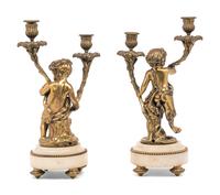 A Pair of French Gilt Bronze and Marble Figural Two-Light Candelabra