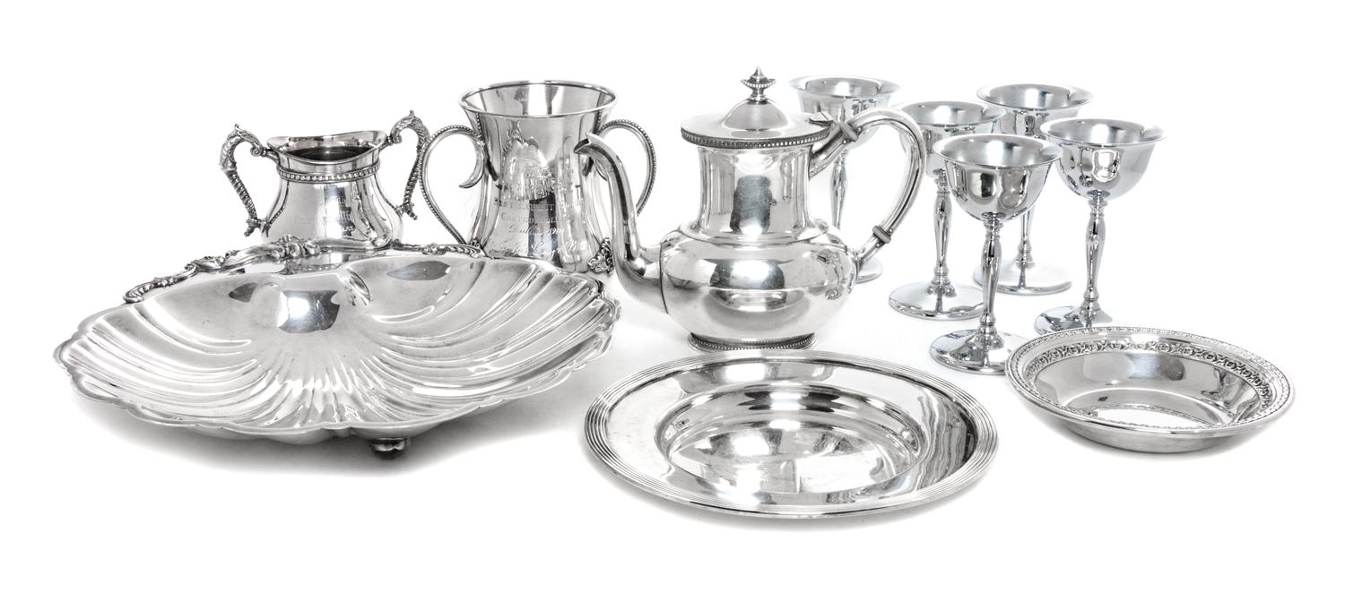 Eleven Silverplate Articles related to Coated Collies Width of widest 12 1/2 inches.