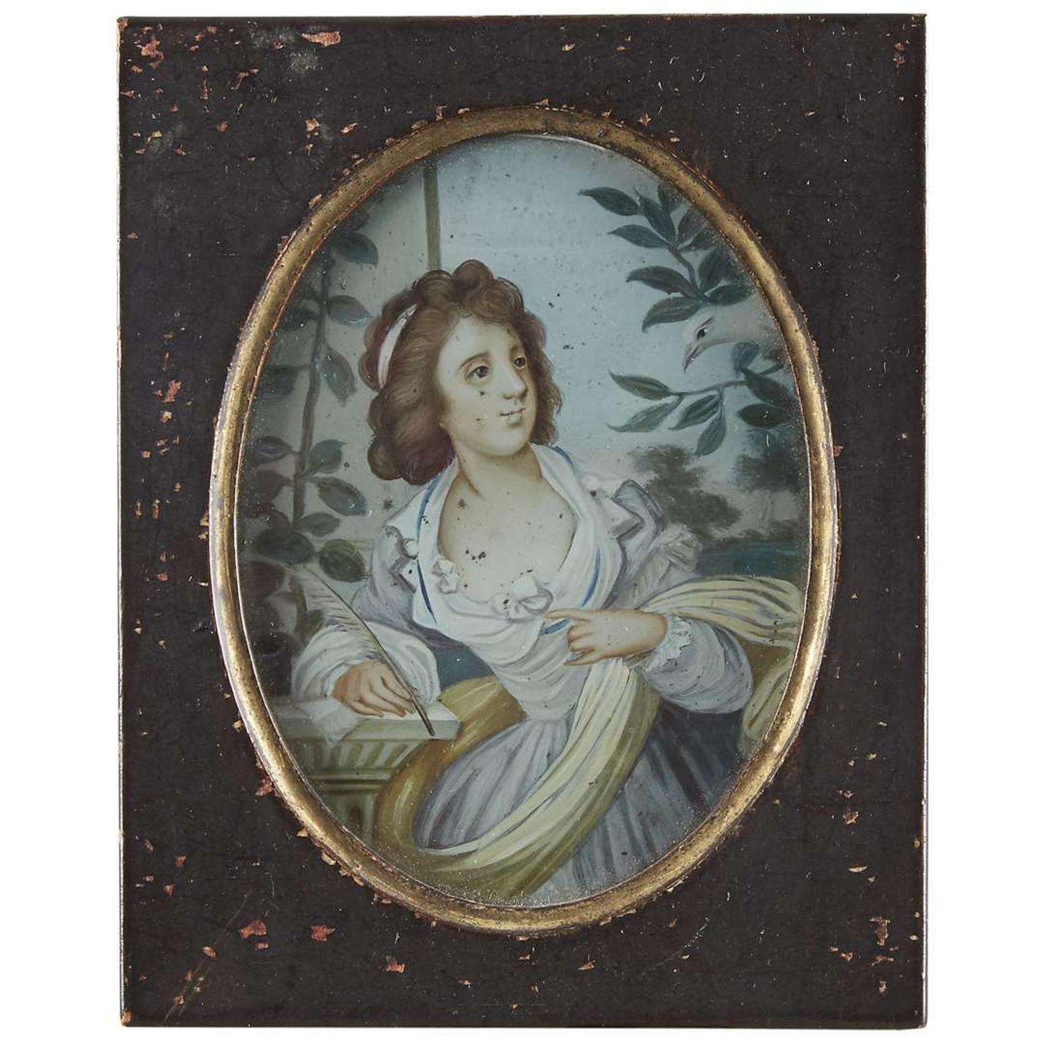 Two China Trade reverse paintings on glass Elegant Western ladies, circa 1800