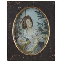 Two China Trade reverse paintings on glass Elegant Western ladies, circa 1800