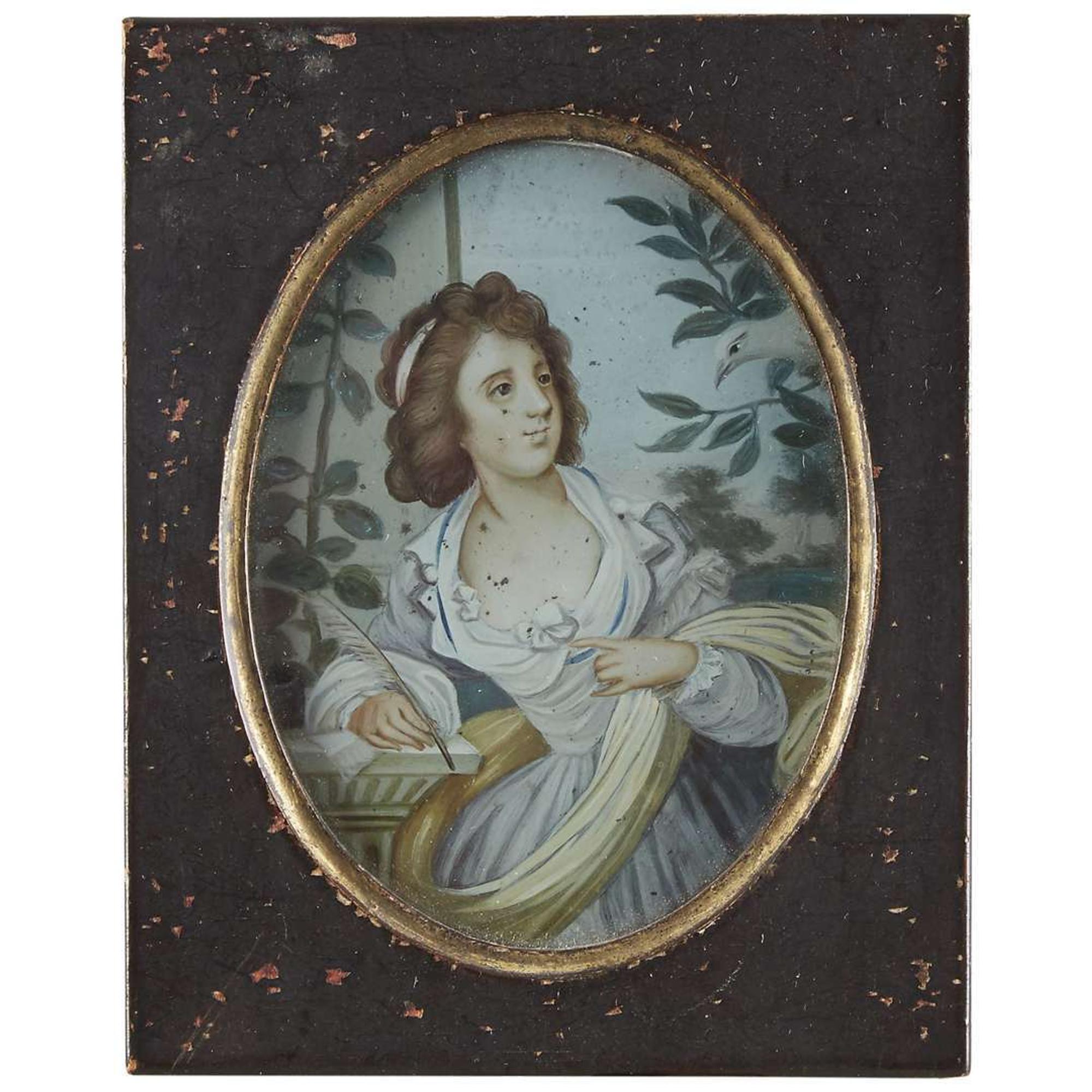 Two China Trade reverse paintings on glass Elegant Western ladies, circa 1800