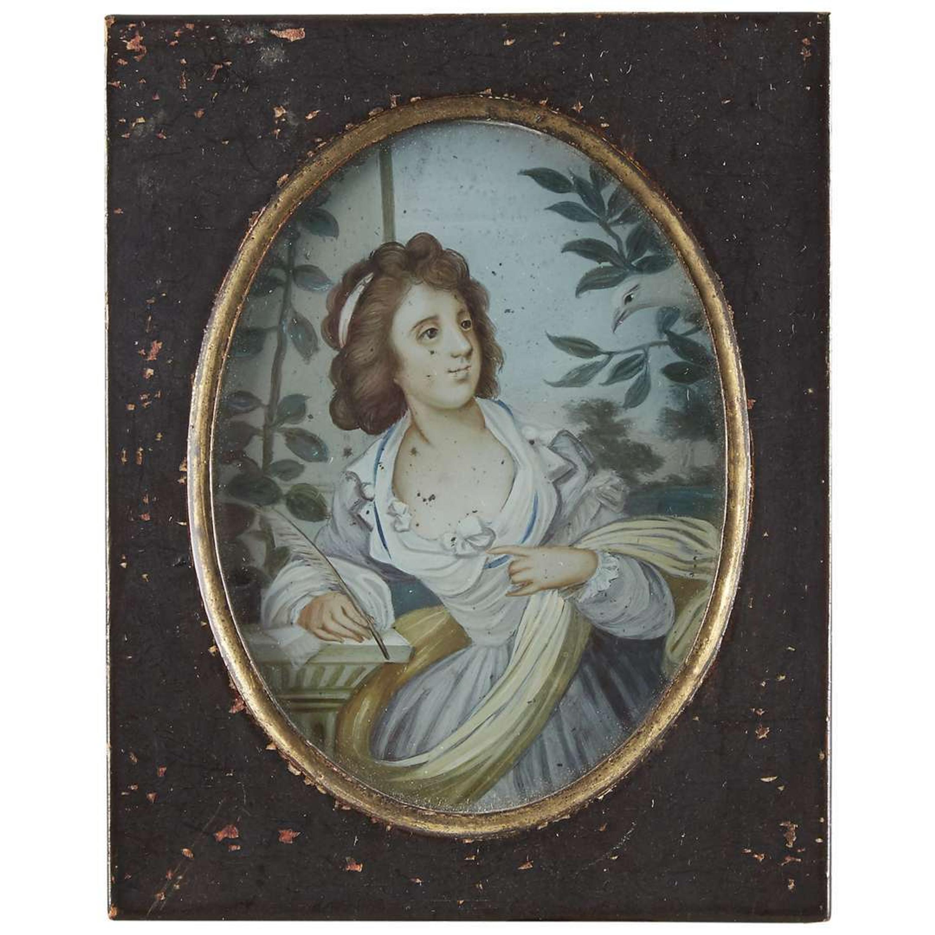 Two China Trade reverse paintings on glass Elegant Western ladies, circa 1800