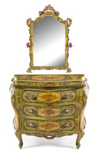 A Venetian Style Painted Commode and Mirror Height of commode 35 1/2 x width 43 1/2 x depth 21 inches. — 20TH CENTURY