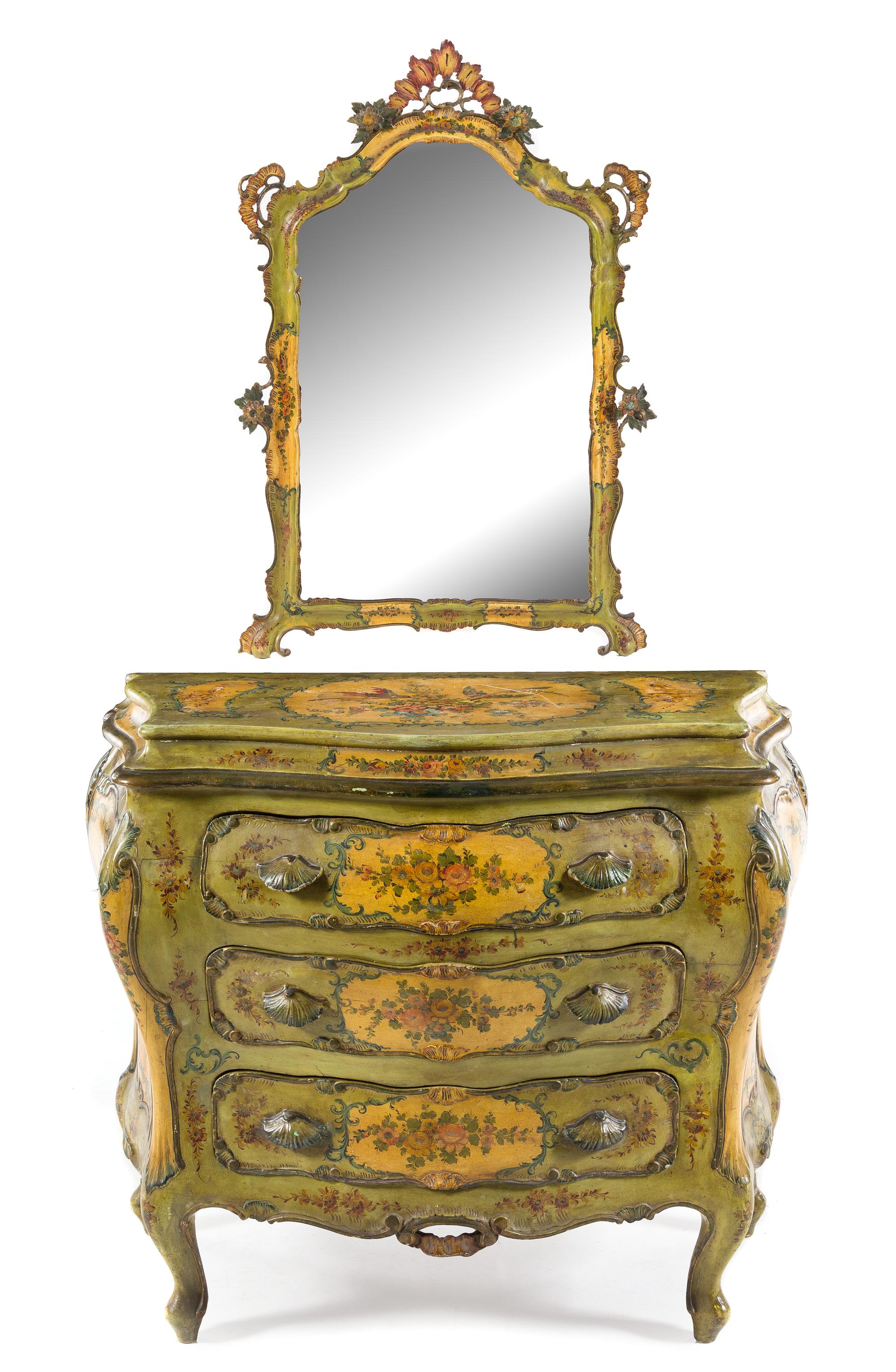A Venetian Style Painted Commode and Mirror Height of commode 35 1/2 x width 43 1/2 x depth 21 inches. — 20TH CENTURY