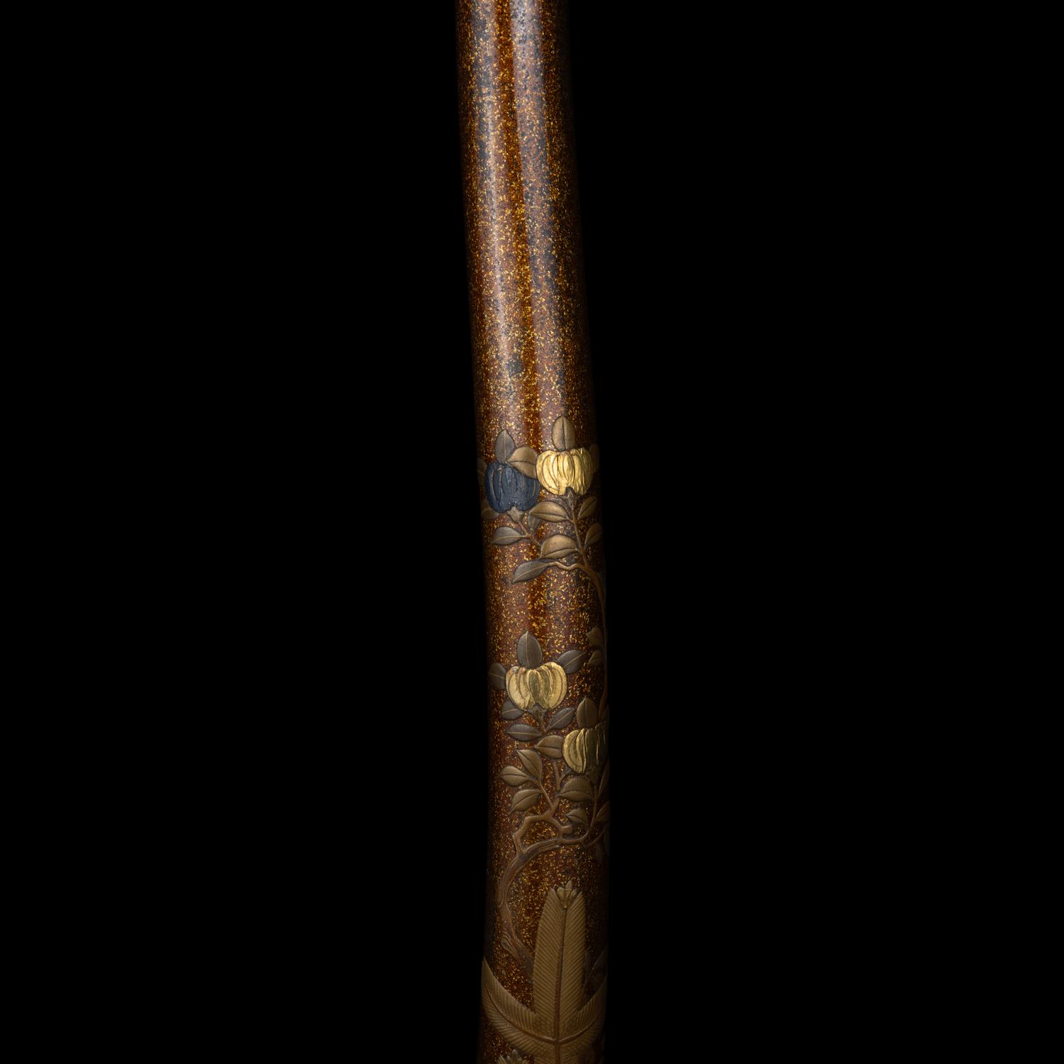 A Japanese Gold Lacquer Sword Stand, Tachi-kake, with Wood Box, Meiji Period 日本明治時期 梨子地松橘蒔繪太刀拵