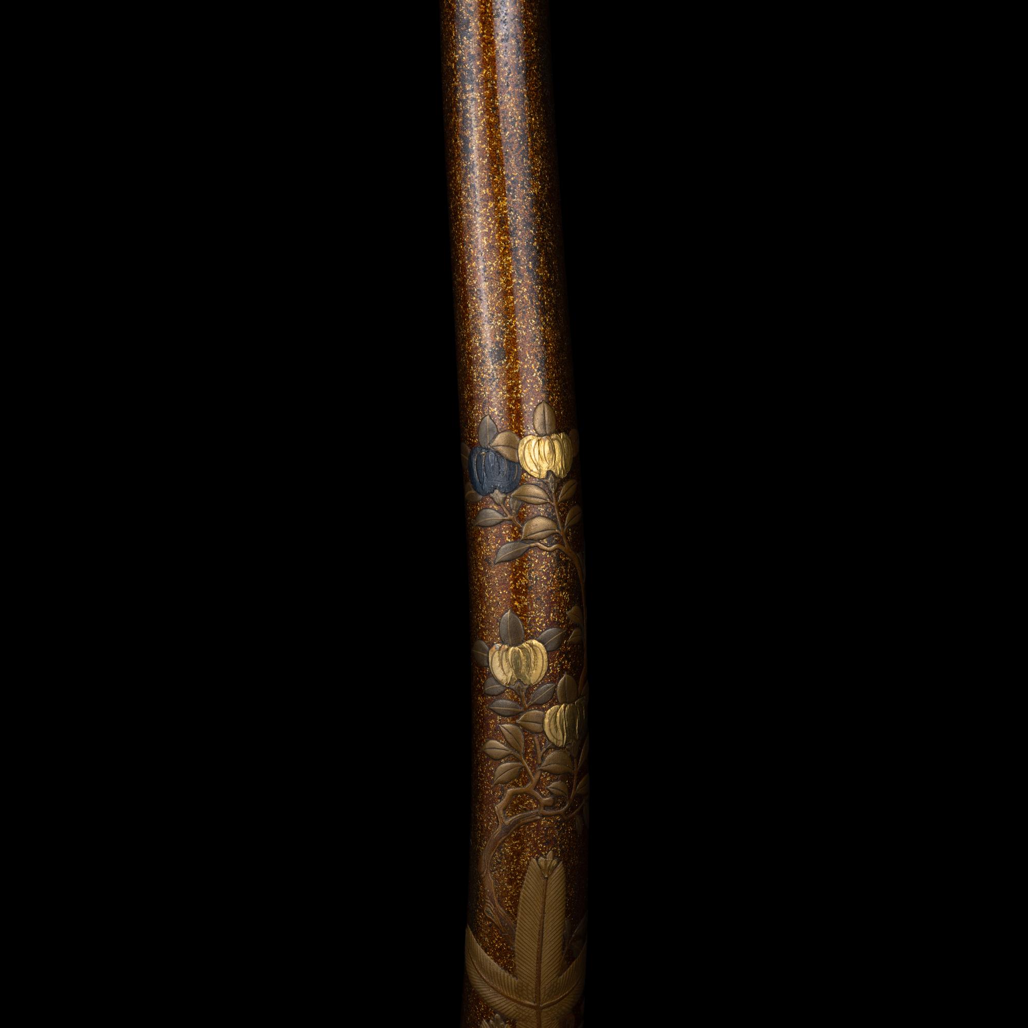 A Japanese Gold Lacquer Sword Stand, Tachi-kake, with Wood Box, Meiji Period 日本明治時期 梨子地松橘蒔繪太刀拵