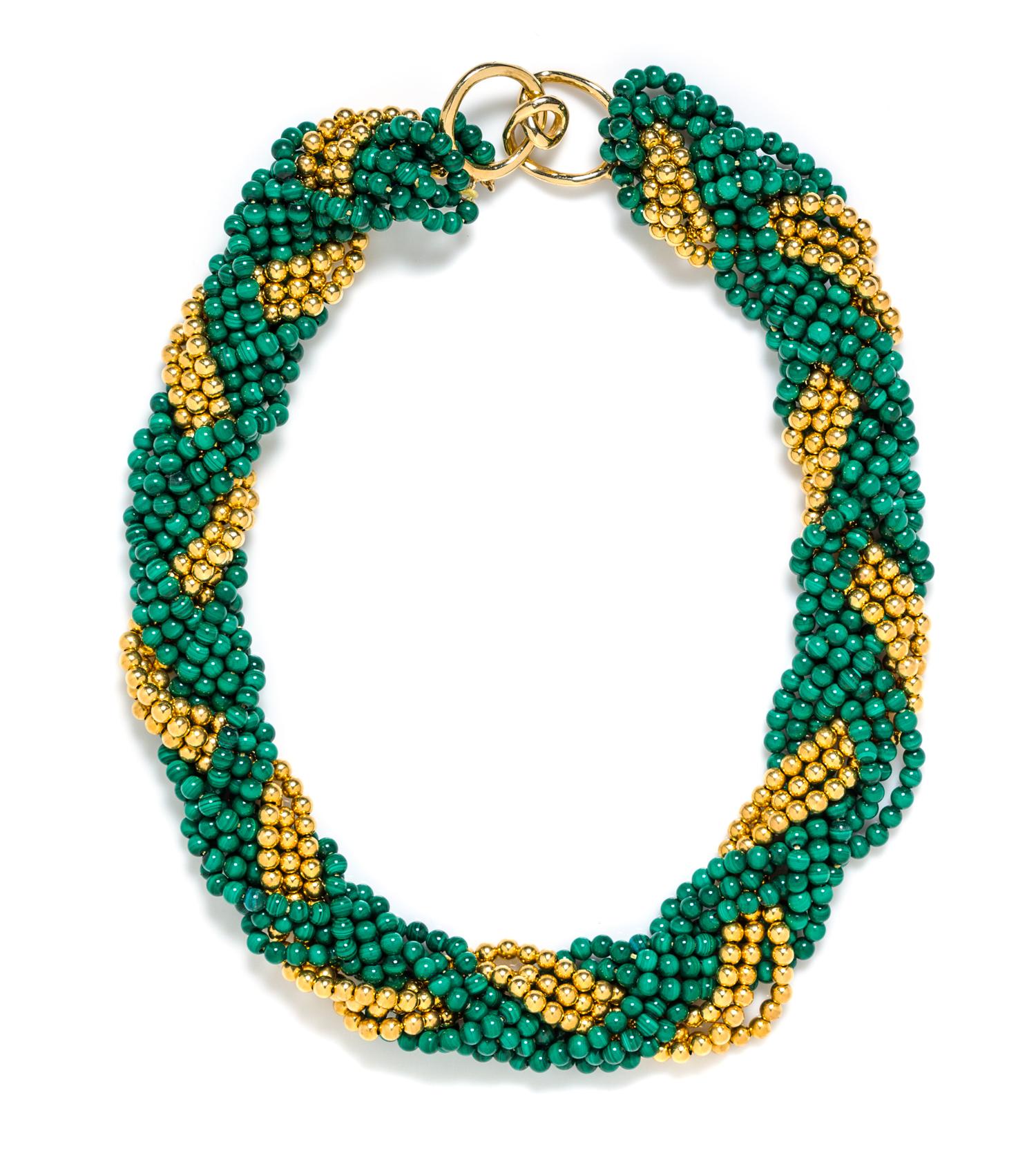 An 18 Karat Yellow Gold and Malachite Bead Necklace, 78.37 dwts.