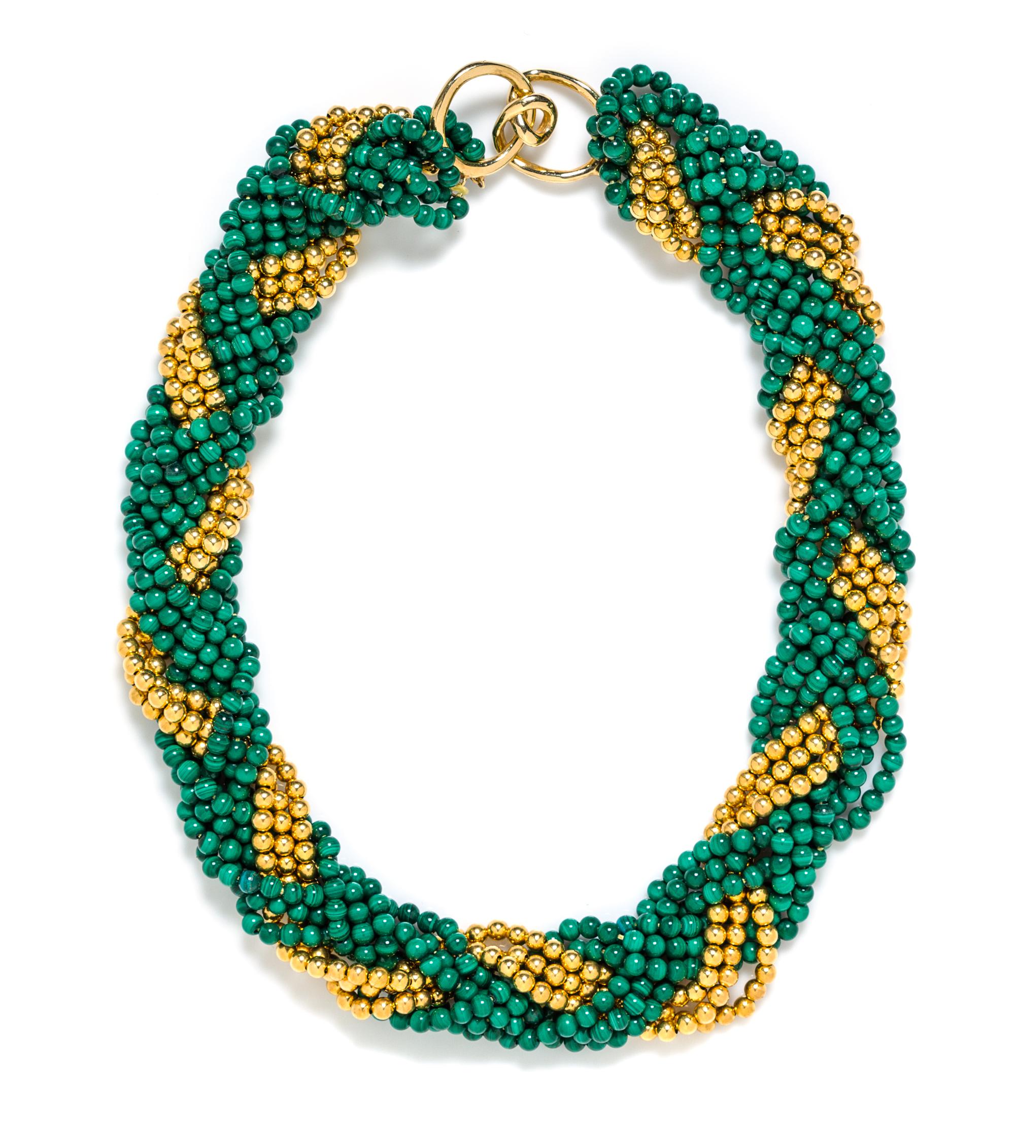 An 18 Karat Yellow Gold and Malachite Bead Necklace, 78.37 dwts.