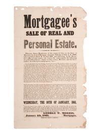 [SLAVERY & ABOLITION]. Mortgagee's Sale of Real and Personal Estate broadside advertising the sale of "personal property" including the enslaved woman "Eliza." Clay County, Missouri. 4 January 1861.