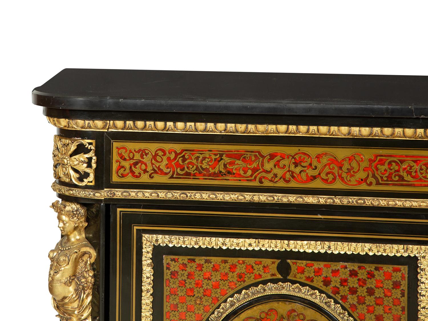 A Napoleon III Gilt Bronze Mounted Boulle Marquetry Marble-Top Console Cabinet