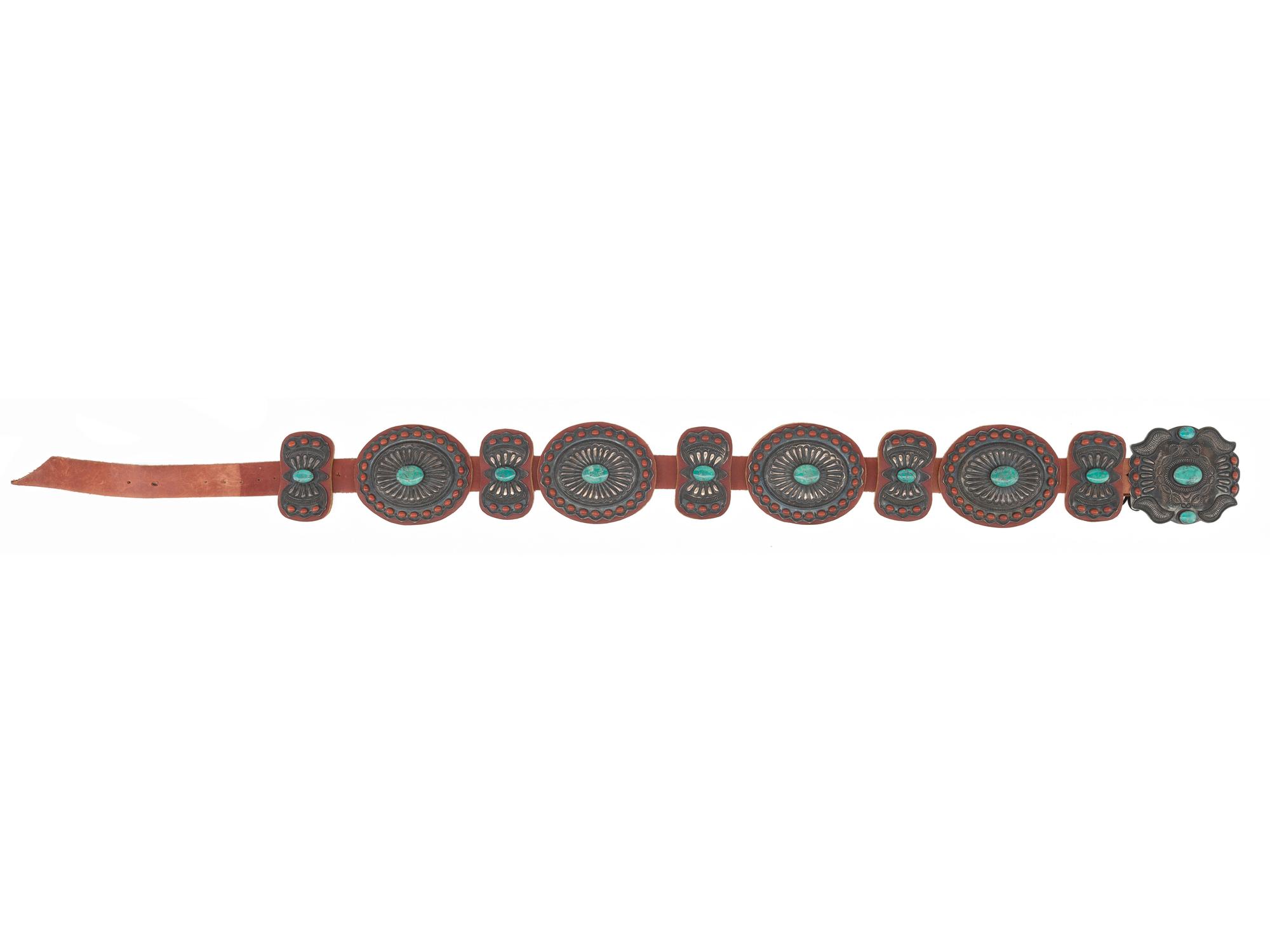 Large Sterling Silver, Turquoise, and Coral Cluster Concha Belt