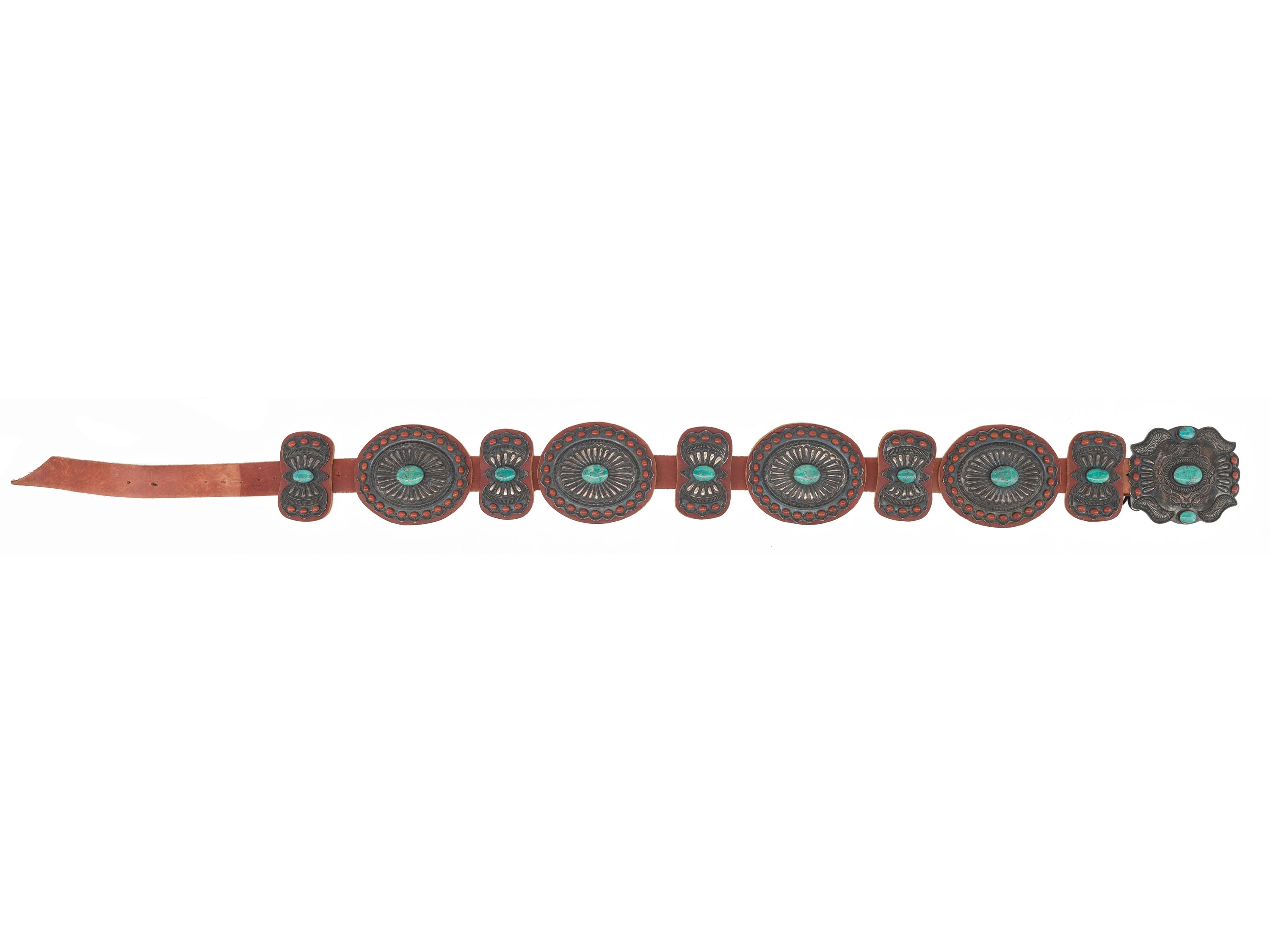 Large Sterling Silver, Turquoise, and Coral Cluster Concha Belt