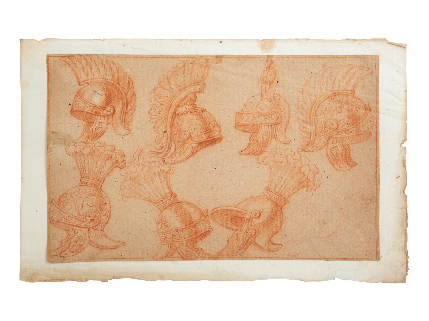 An Italian Sanguine Drawing on Paper, Depicting Armature and Helmets — 17TH CENTURY