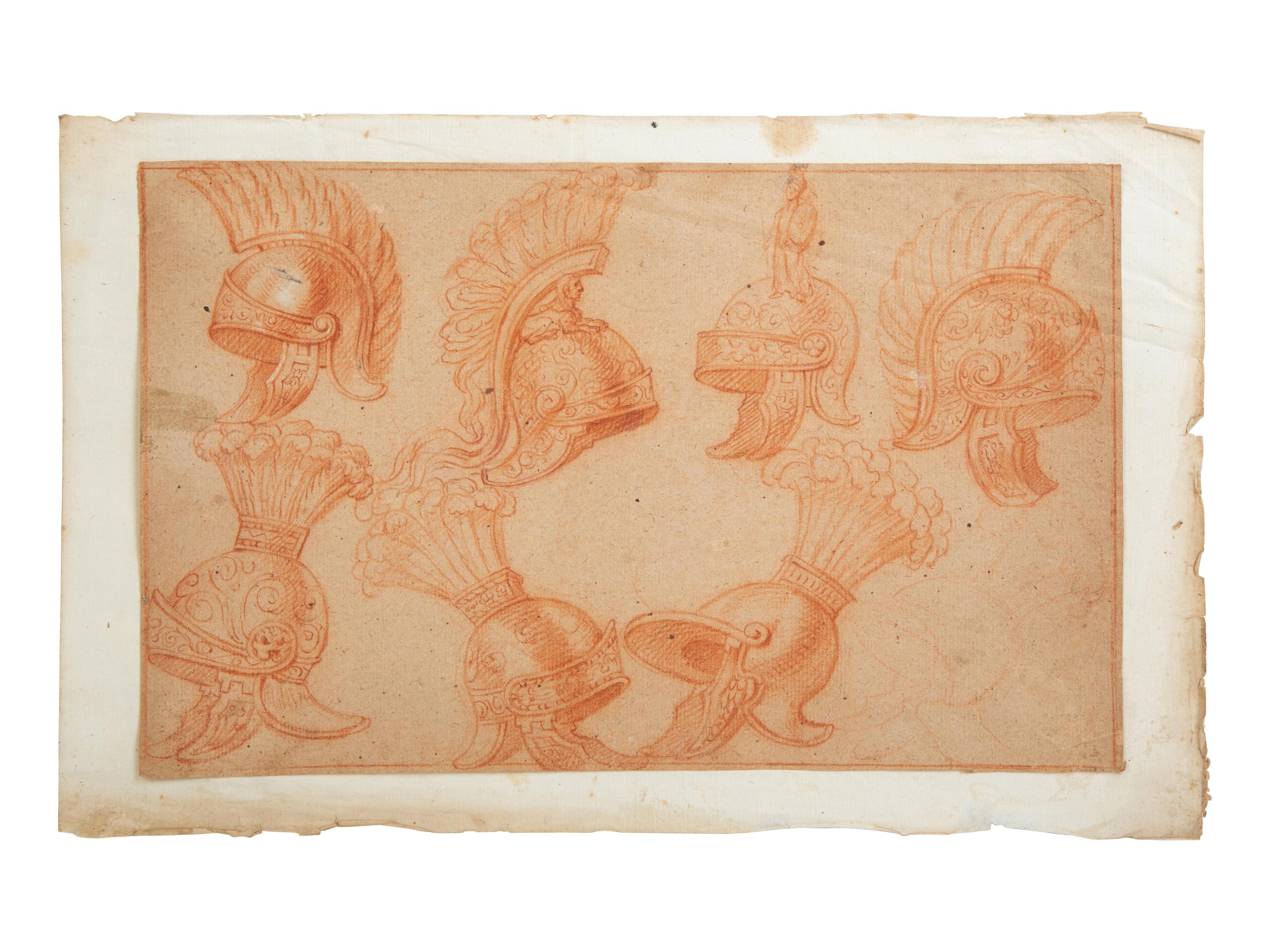 An Italian Sanguine Drawing on Paper, Depicting Armature and Helmets — 17TH CENTURY