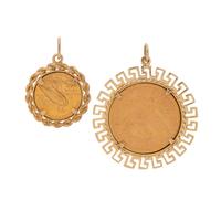 COLLECTION OF YELLOW GOLD AND COIN PENDANTS