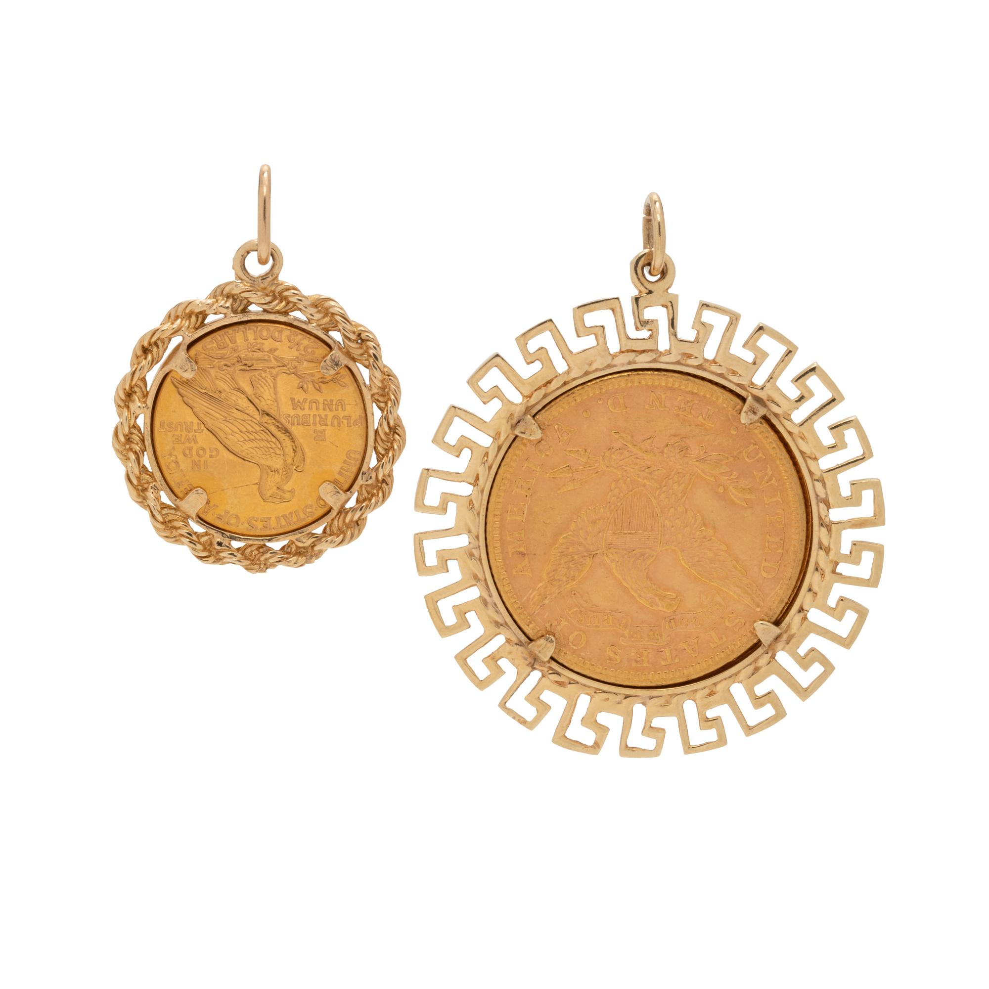 COLLECTION OF YELLOW GOLD AND COIN PENDANTS