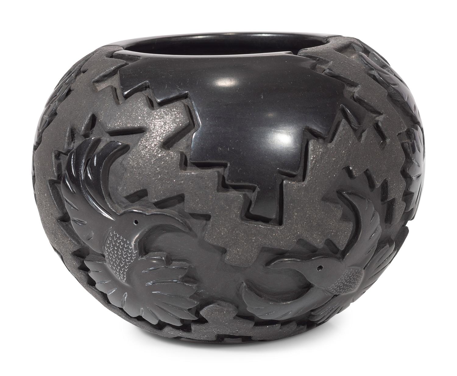 Carved Micaceous Blackware Bowl, with Hummingbirds