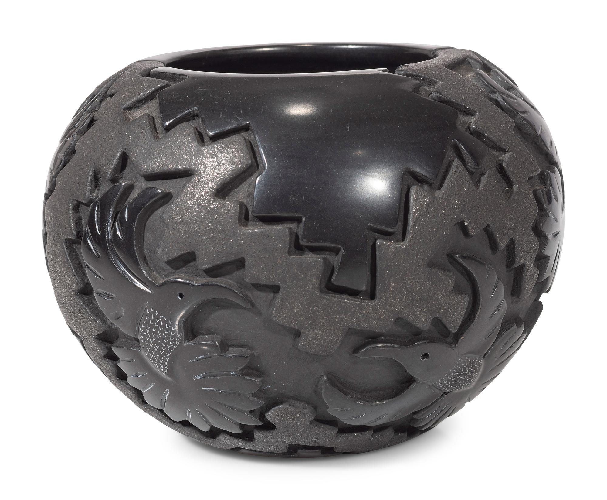 Carved Micaceous Blackware Bowl, with Hummingbirds