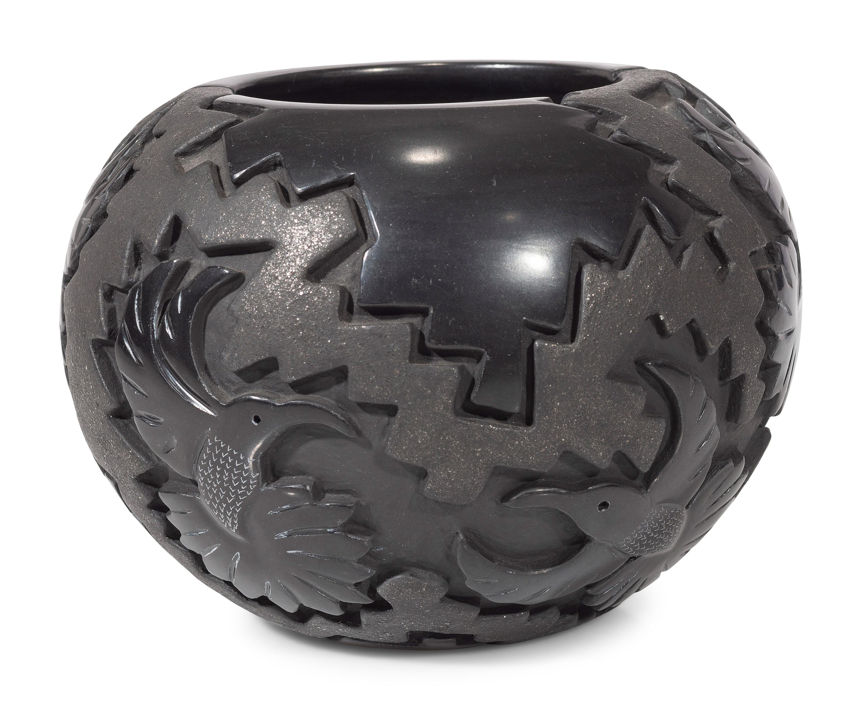 Carved Micaceous Blackware Bowl, with Hummingbirds