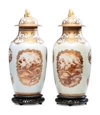 A Pair of Chinese Export Parcel Gilt and Sepia Decorated Porcelain Covered Urns