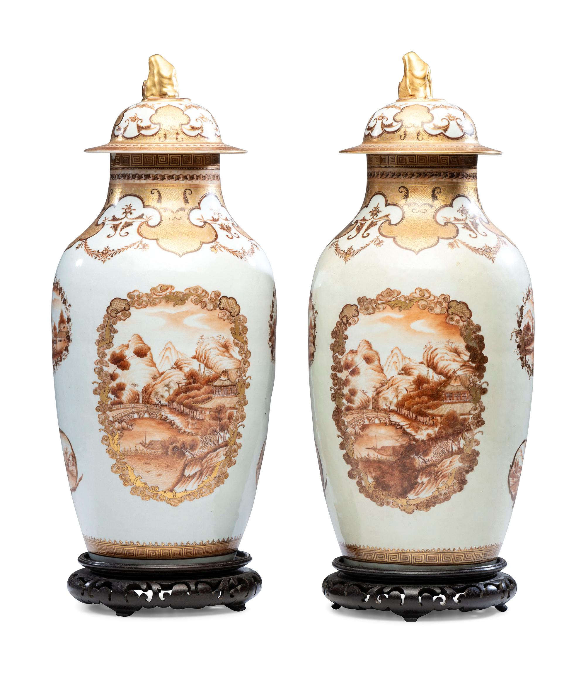 A Pair of Chinese Export Parcel Gilt and Sepia Decorated Porcelain Covered Urns