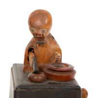 Two Japanese Carved Wood Kobi Ningyo Automatons and a Silver Mounted Gourd
