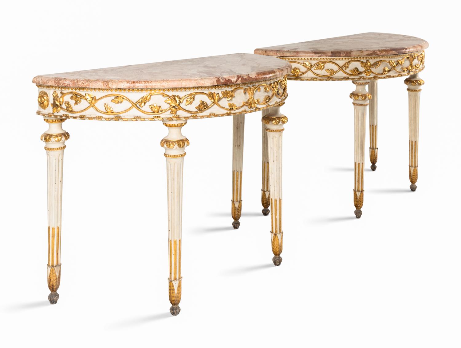 A Pair of North European Painted and Parcel-Gilt Console Tables