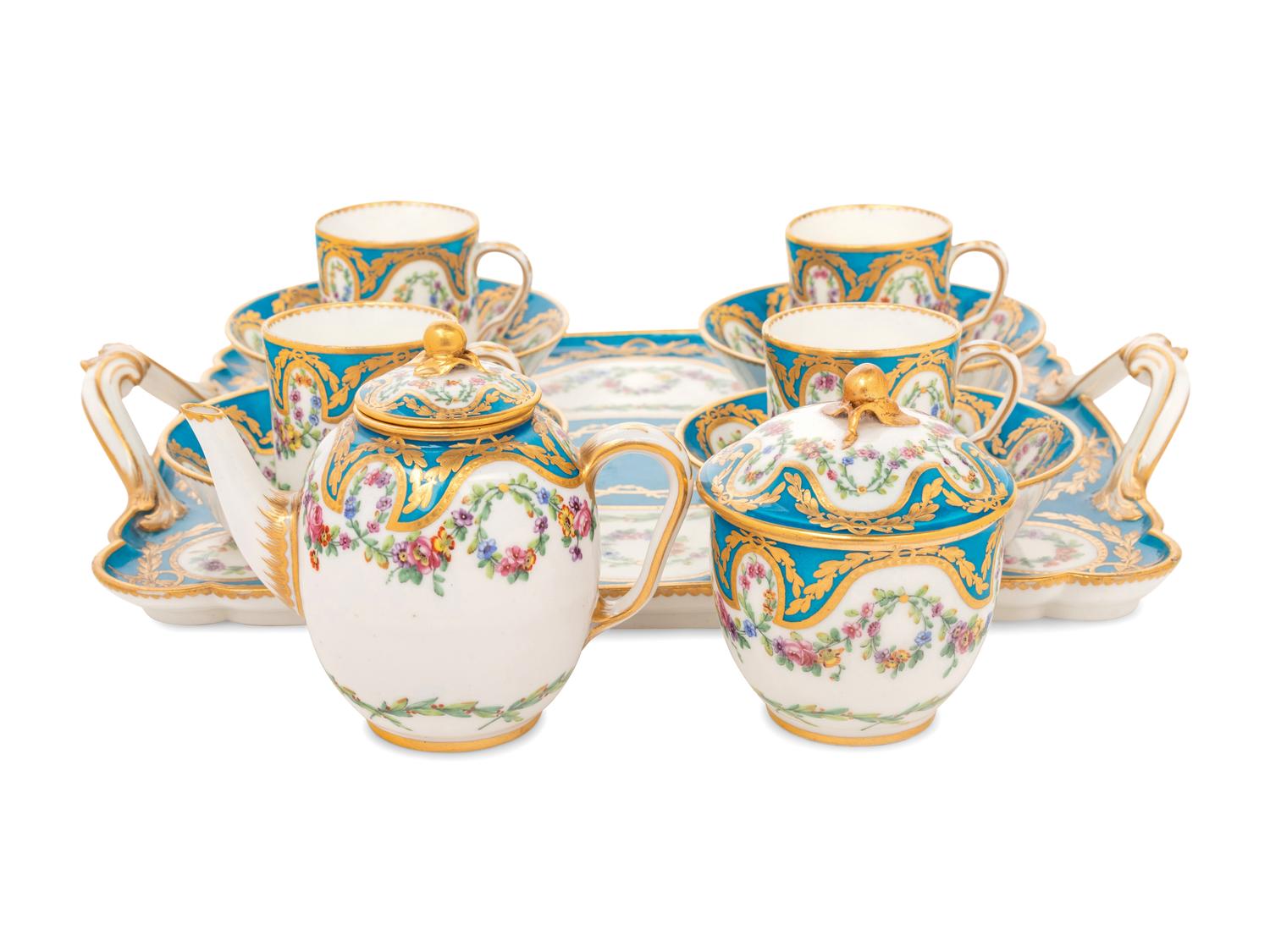 A Sèvres Bleu Céleste Porcelain Seven-Piece Tea Service ( Dejeuner 'Courteille' )
