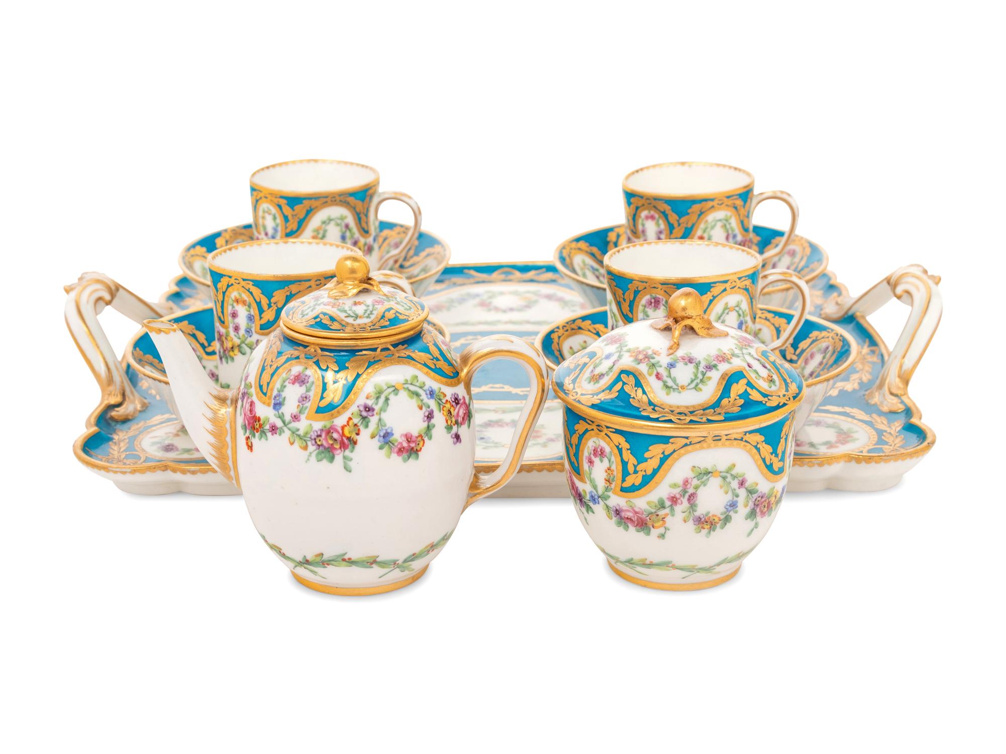 A Sèvres Bleu Céleste Porcelain Seven-Piece Tea Service ( Dejeuner 'Courteille' )