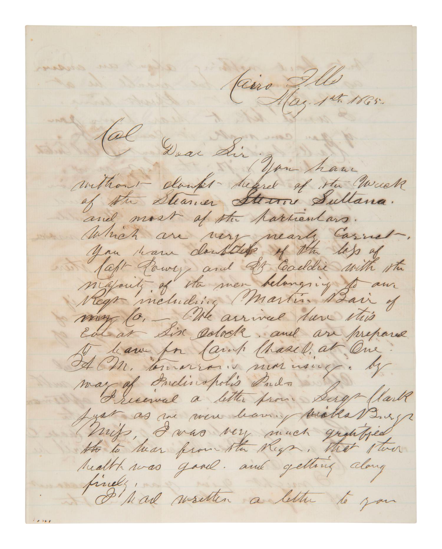[CIVIL WAR]. Letter from Captain Hake, 115th OVI, describing his survival of the Sultana explosion.