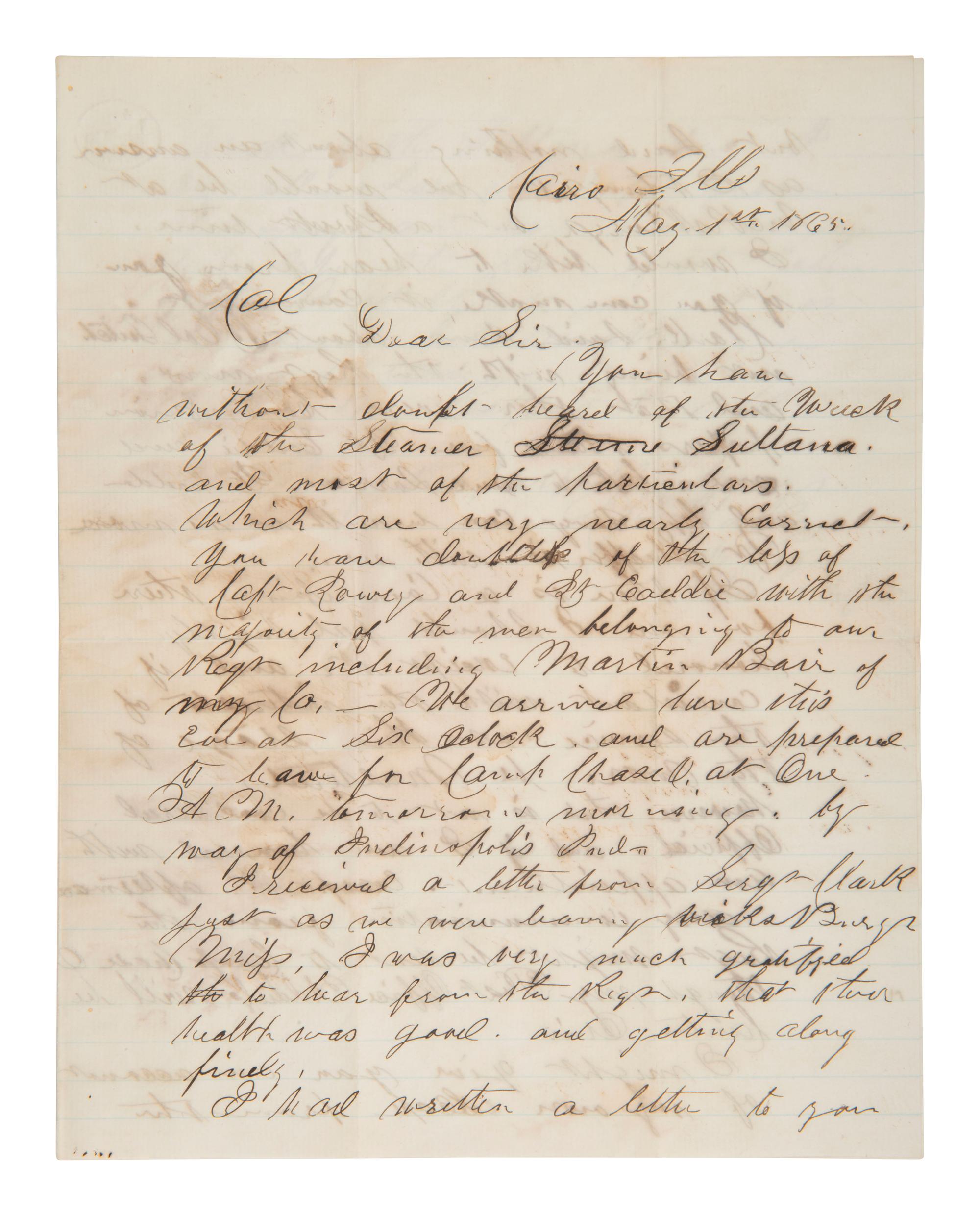 [CIVIL WAR]. Letter from Captain Hake, 115th OVI, describing his survival of the Sultana explosion.