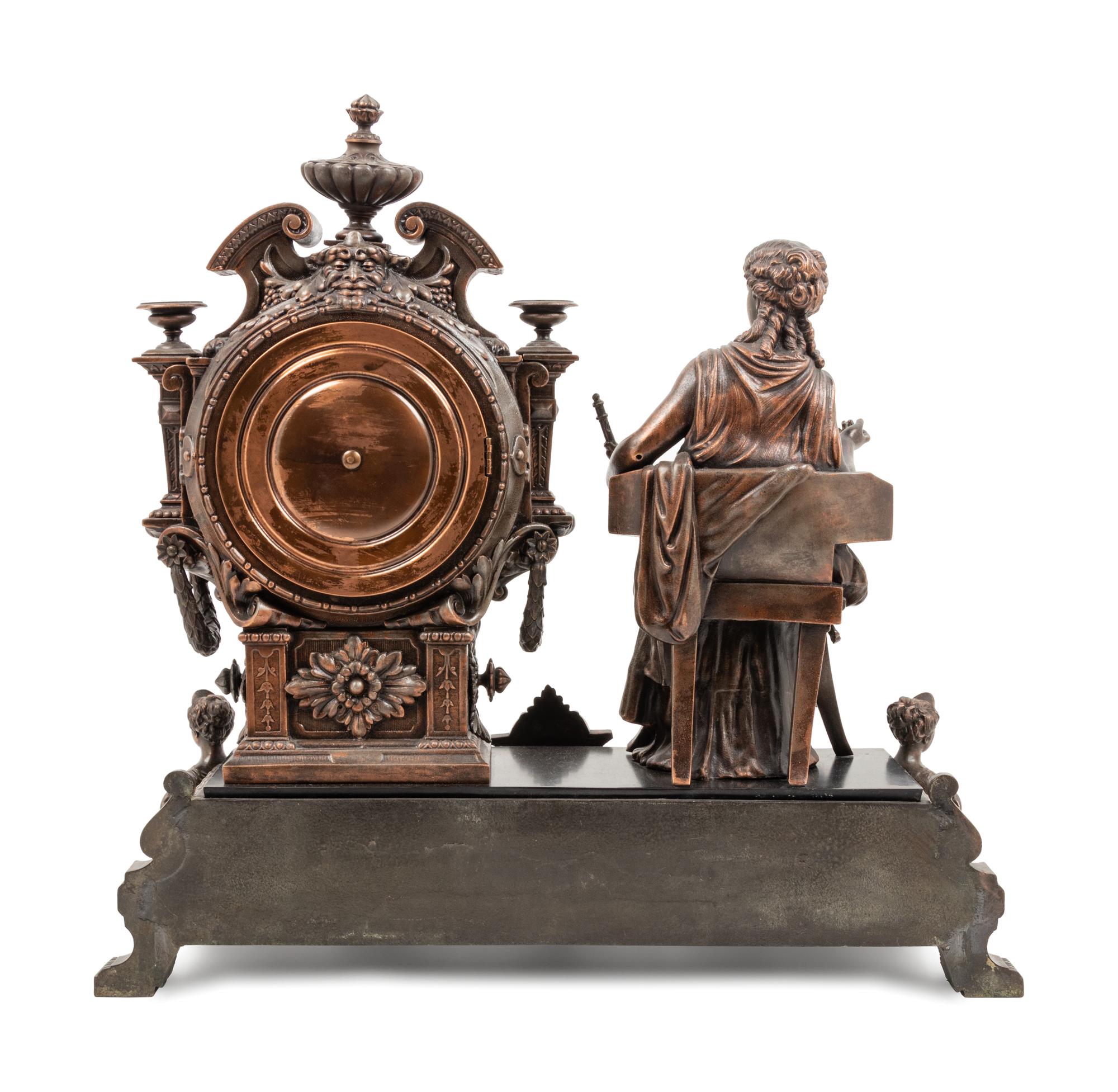 An Ansonia Prosperity Silvered Metal Figural Mantel Clock